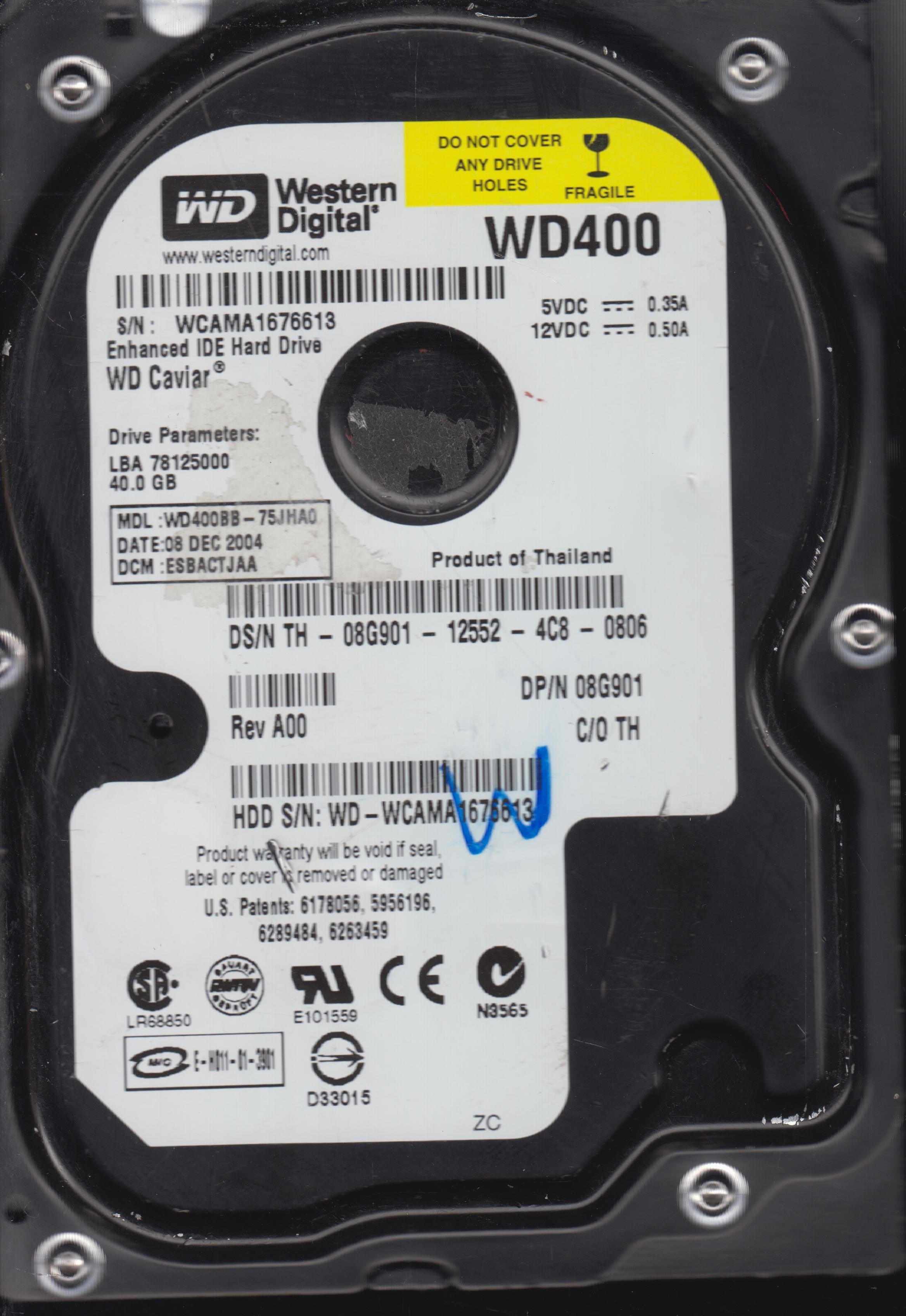 WD400BB-75JHA0 DCM ESBACTJAA 40GB 3.5