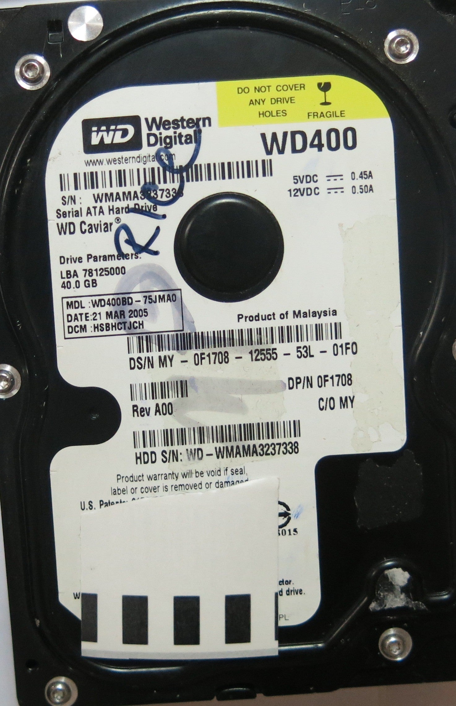 WD400BD-75JMA0 PCB: 2060-001293-001 REV A SERIAL WMAMA3237338 DCM HSBHCTJCH FW HSBHCTJCH  40,GB