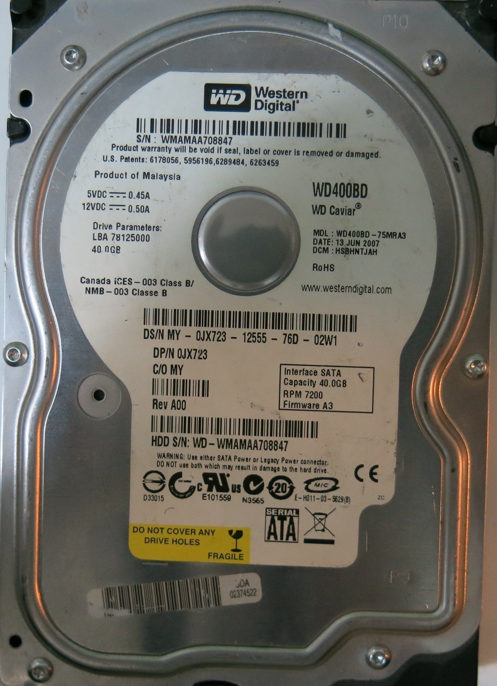 WD400BD-75MRA3 PCB: 2060-701335-005 REV A SERIAL NUMBER: WMAMAA708847 PN:0JX723 40:GB