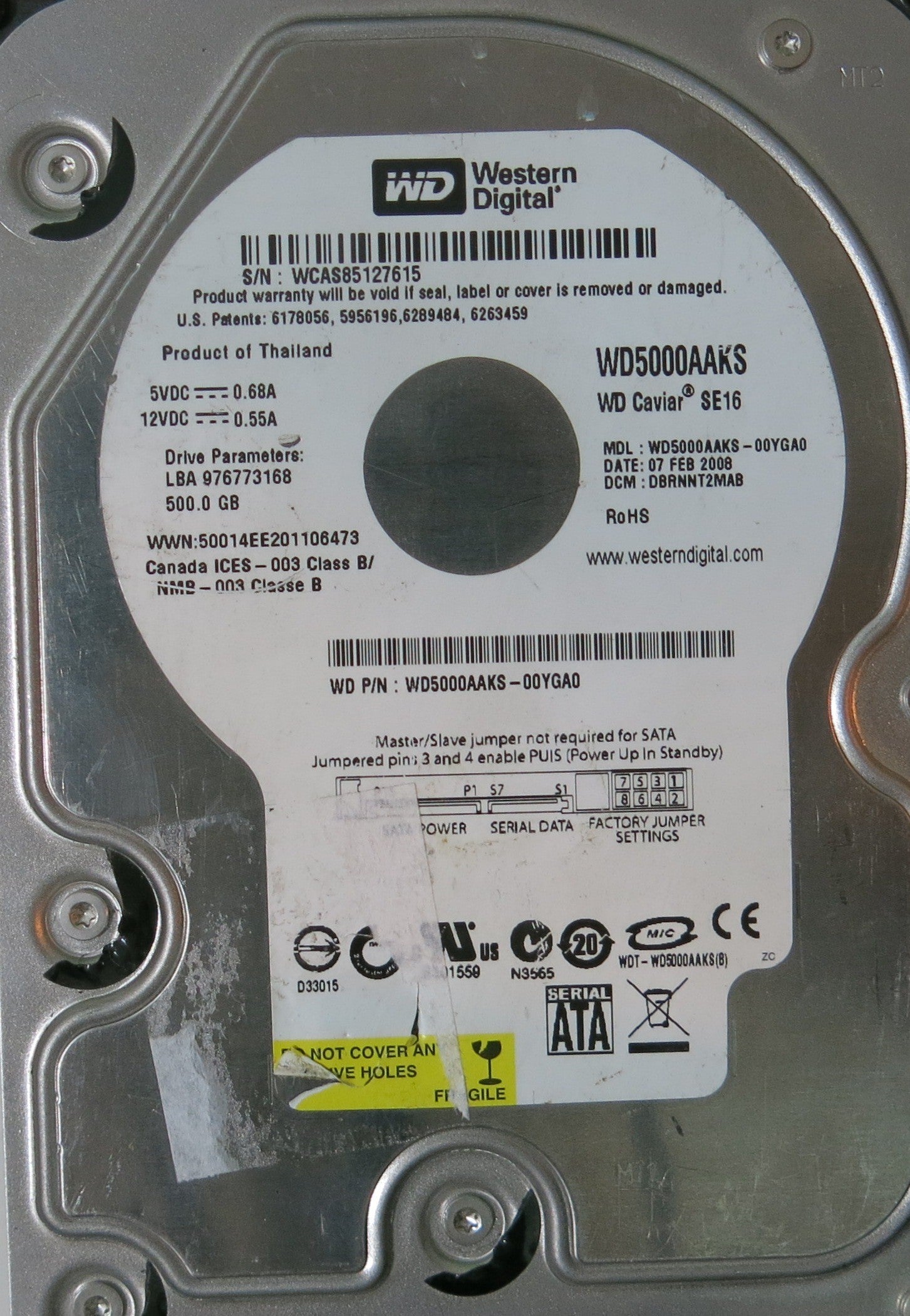 WESTERN DIGITAL WD5000AAKS-00YGA0 PCB 2060-701477-002 REV A,  500.GB