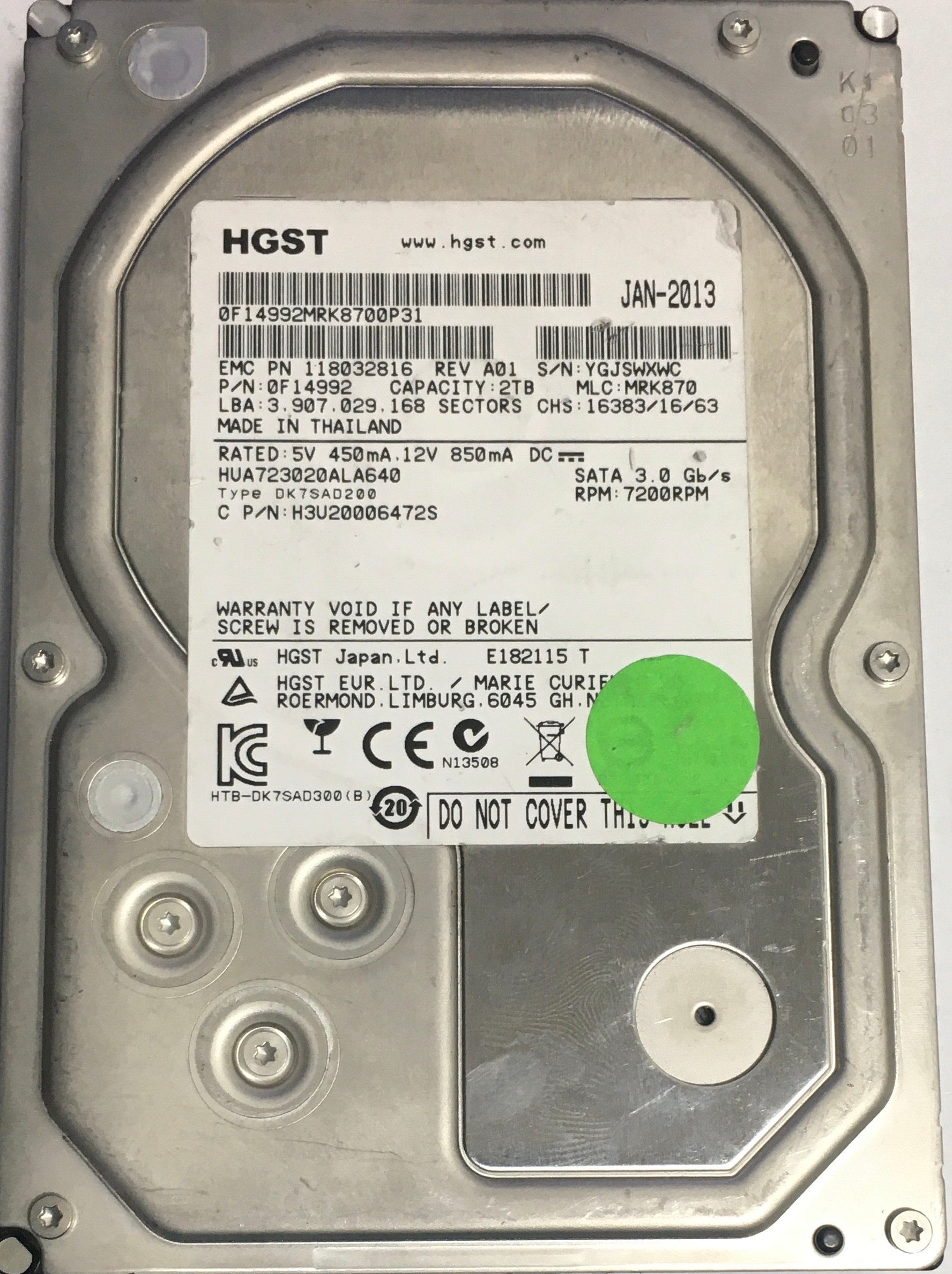 HUA723020ALA640,  Serial:YGJSWXWC,  2000GB 3.5,  PCB:220-0A90284-01- REV A