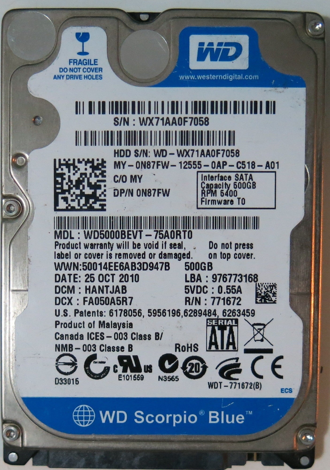 WD5000BEVT-75A0RT0 PCB 2060-771672-004 REV A,  500.GB