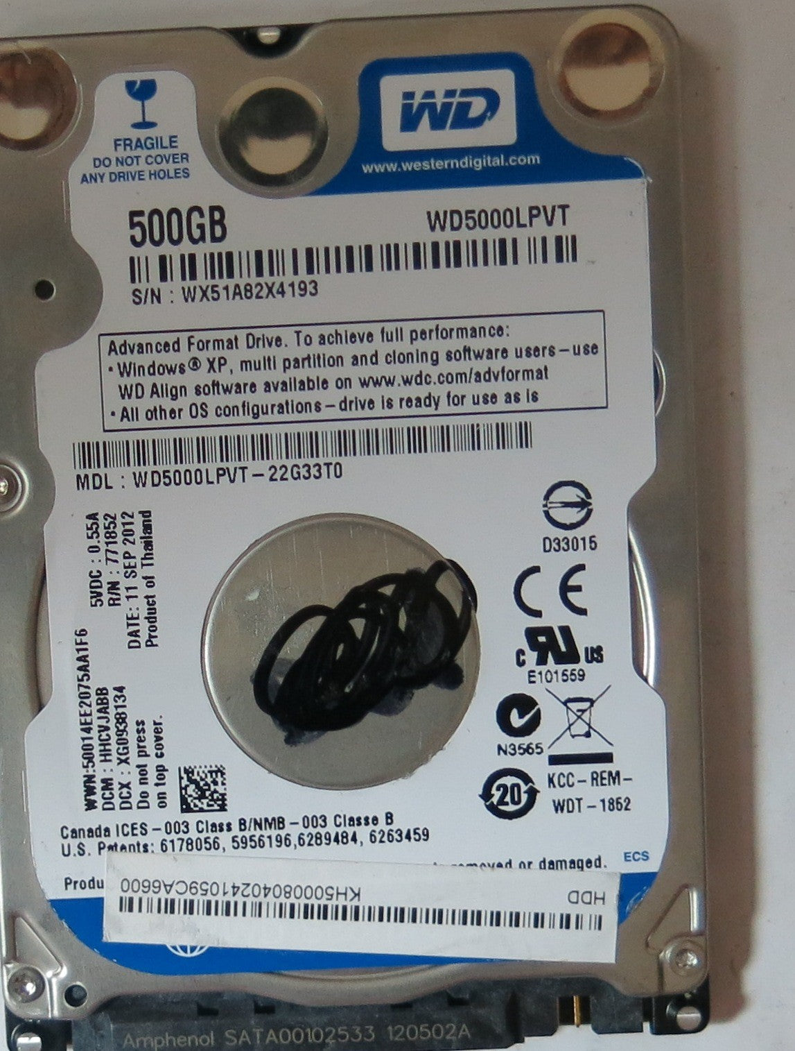 WD5000LPVT'22G33T0, PCB: 2060-771852-001 REV P1, SERIAL WX51A82X4193, DCM HHCVJABB, FW: HHCVJABB, 500,GB