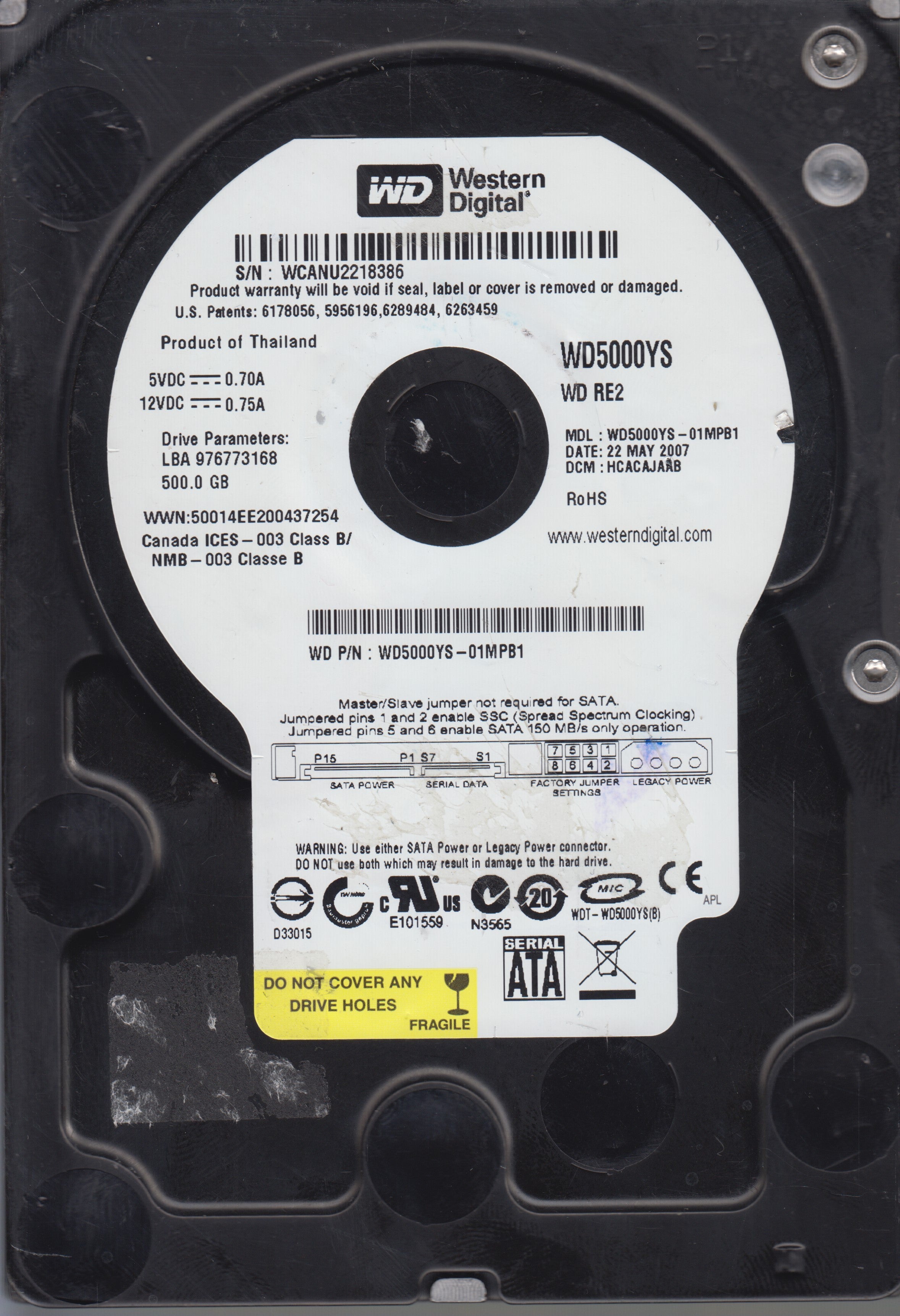 WD5000YS-01MPB1,Serial:WCANU2218386,500GB 3.5