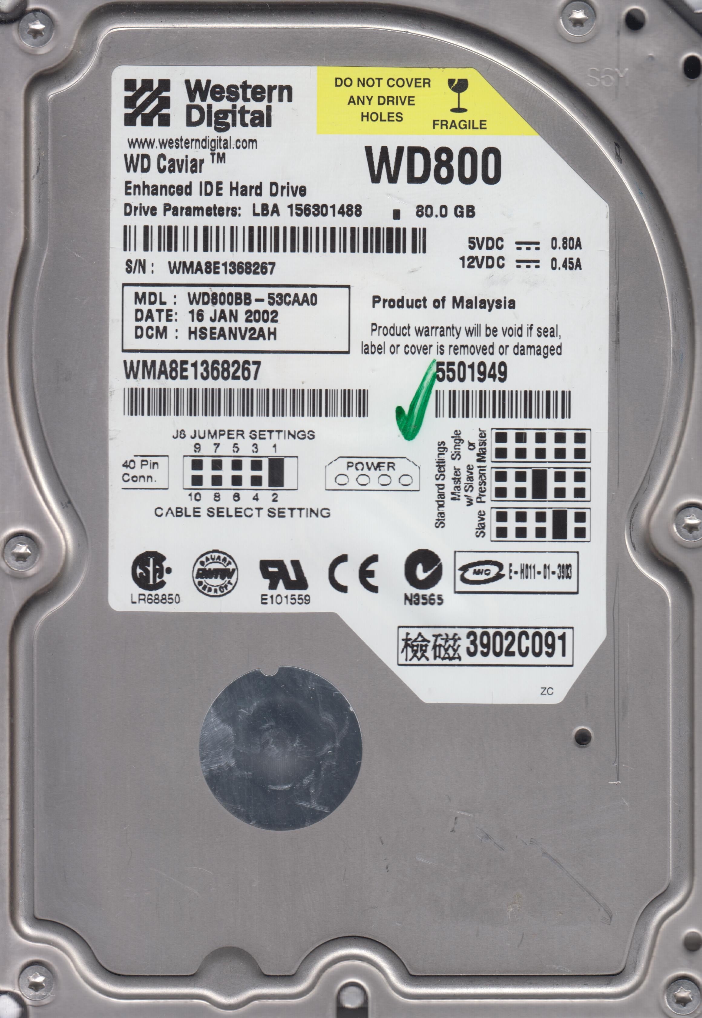 WD800BB-53CAA0, DCM HSEANV2AH 80GB3.3