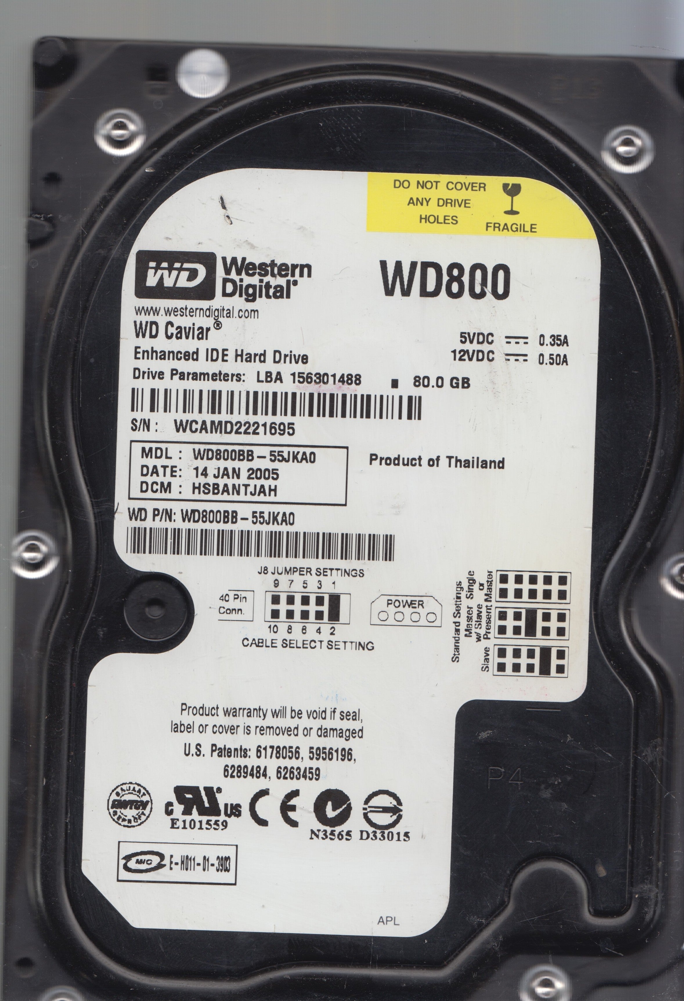 WD800BB-55JKA0,Serial:WCAMD2221695,80GB 3.5