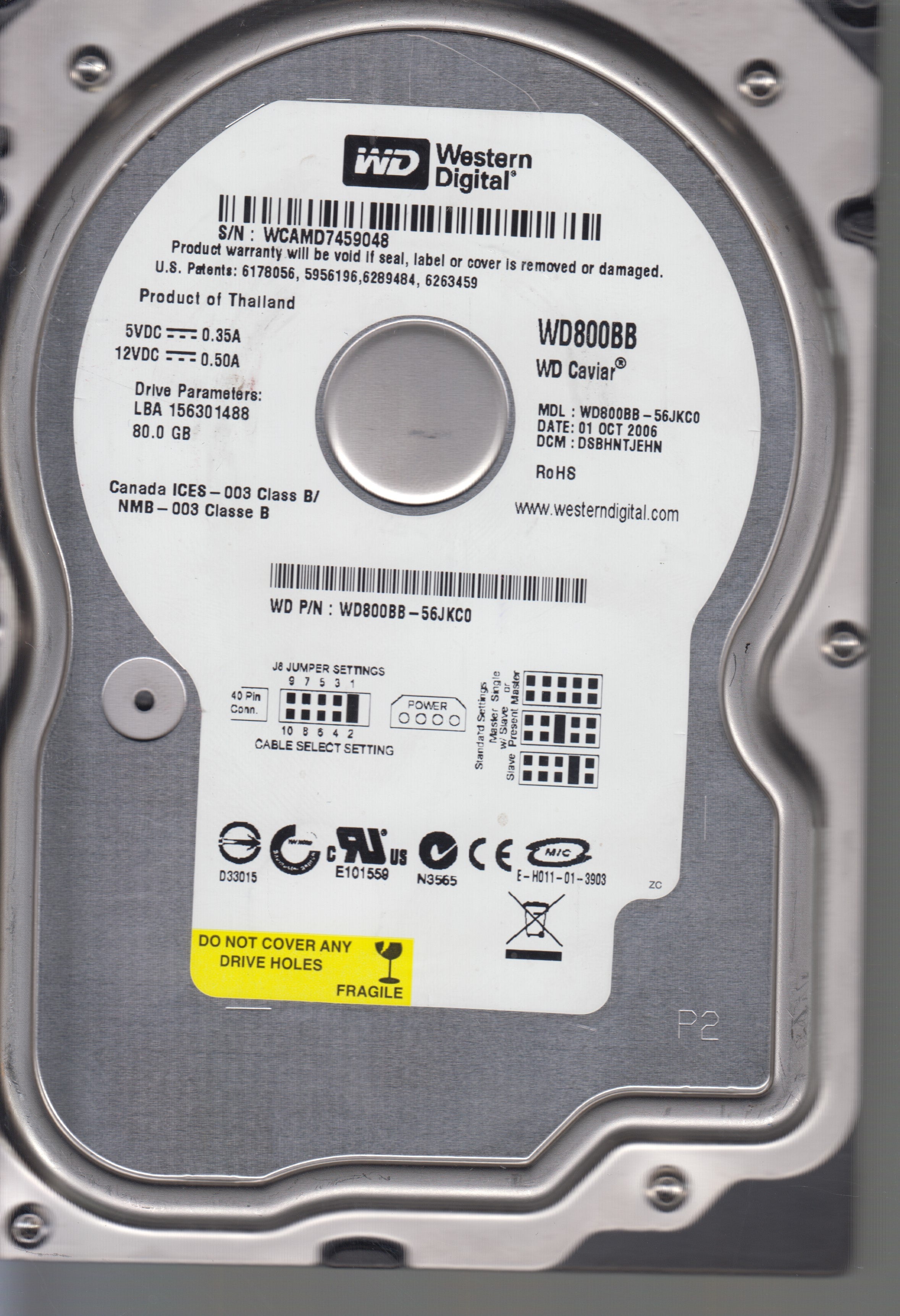 WD800BB-56JKC0,Serial:WCAMD7459048,80GB 3.5