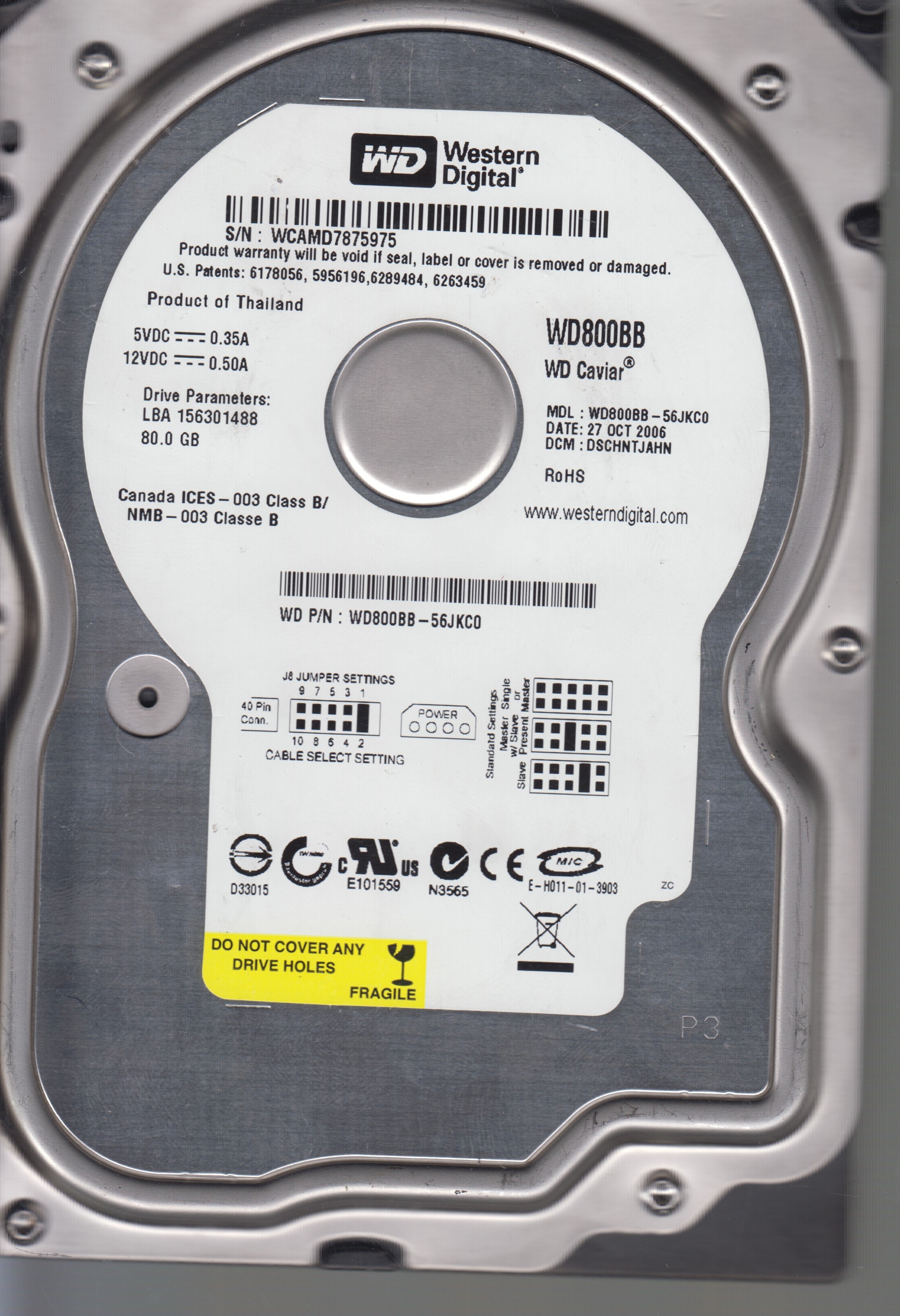 WD800BB-56JKC0,Serial:WCAM7875975,80GB 3.5