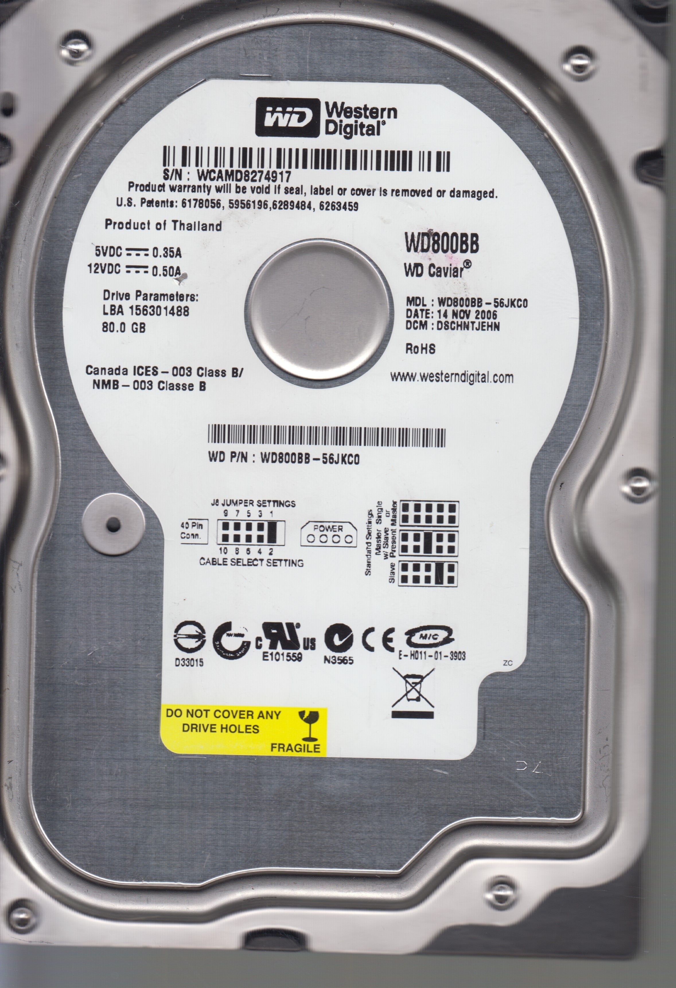 WD800BB-56JKC0,Serial:WCAMD8274917,80GB 3.5