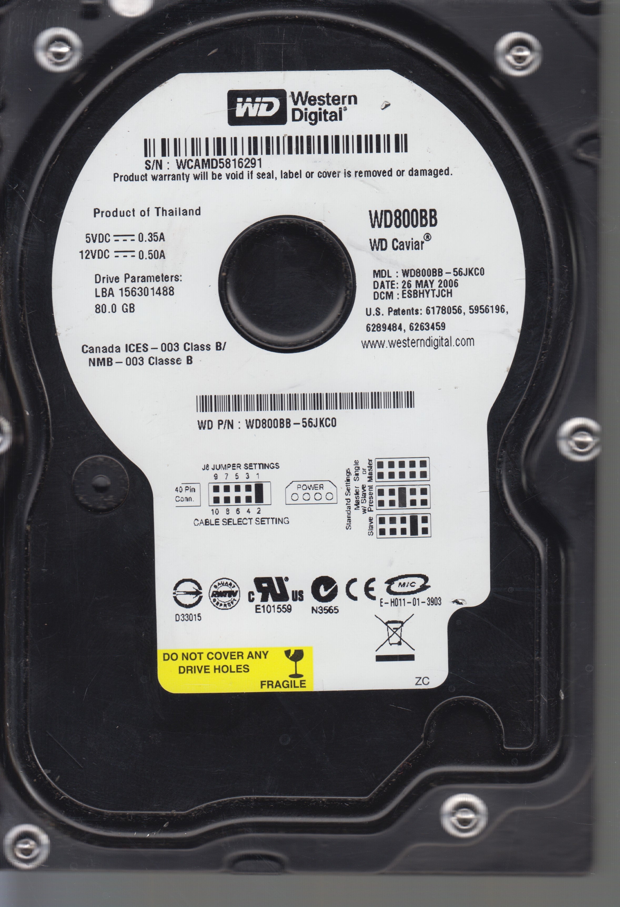 WD800BB-56JKC0,Serial:WCAMD5816291,80GB 3.5