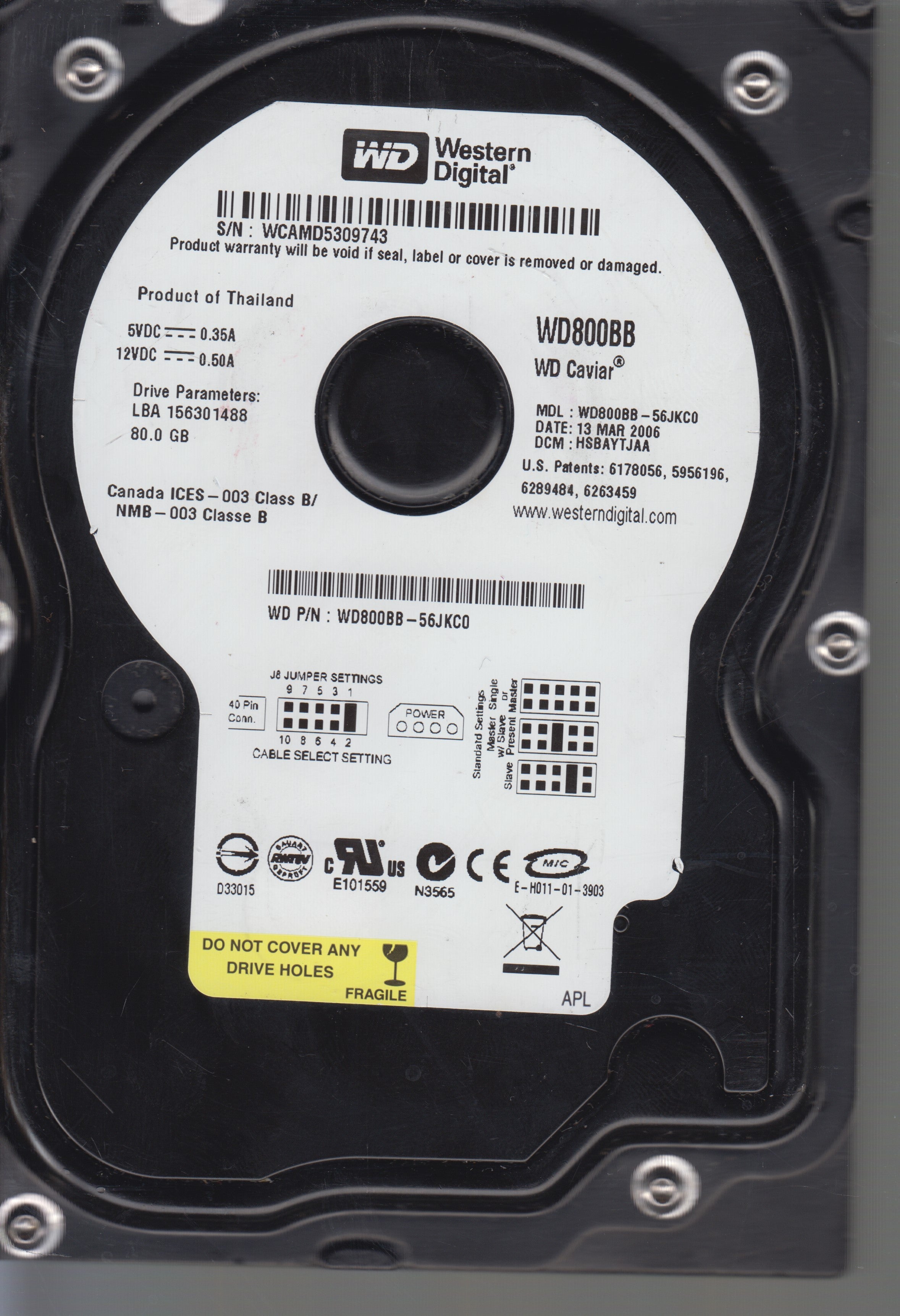 WD800BB-56JKC0,Serial:WCAMD5309743,80GB 3.5