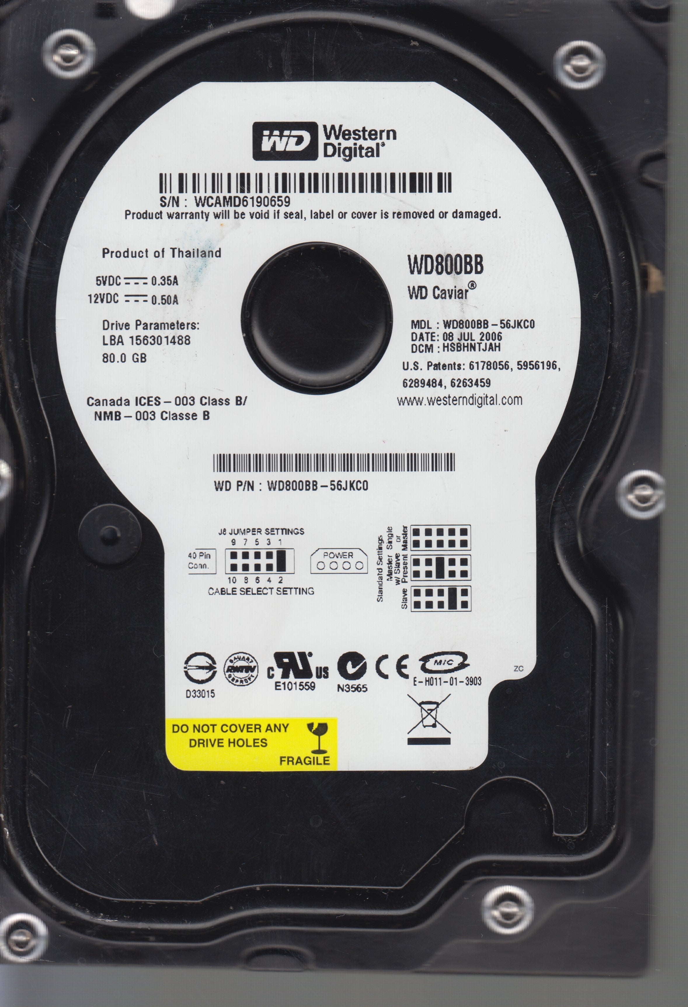 WD800BB-56JKC0,Serial:WCAMD61900659,80GB 3.5