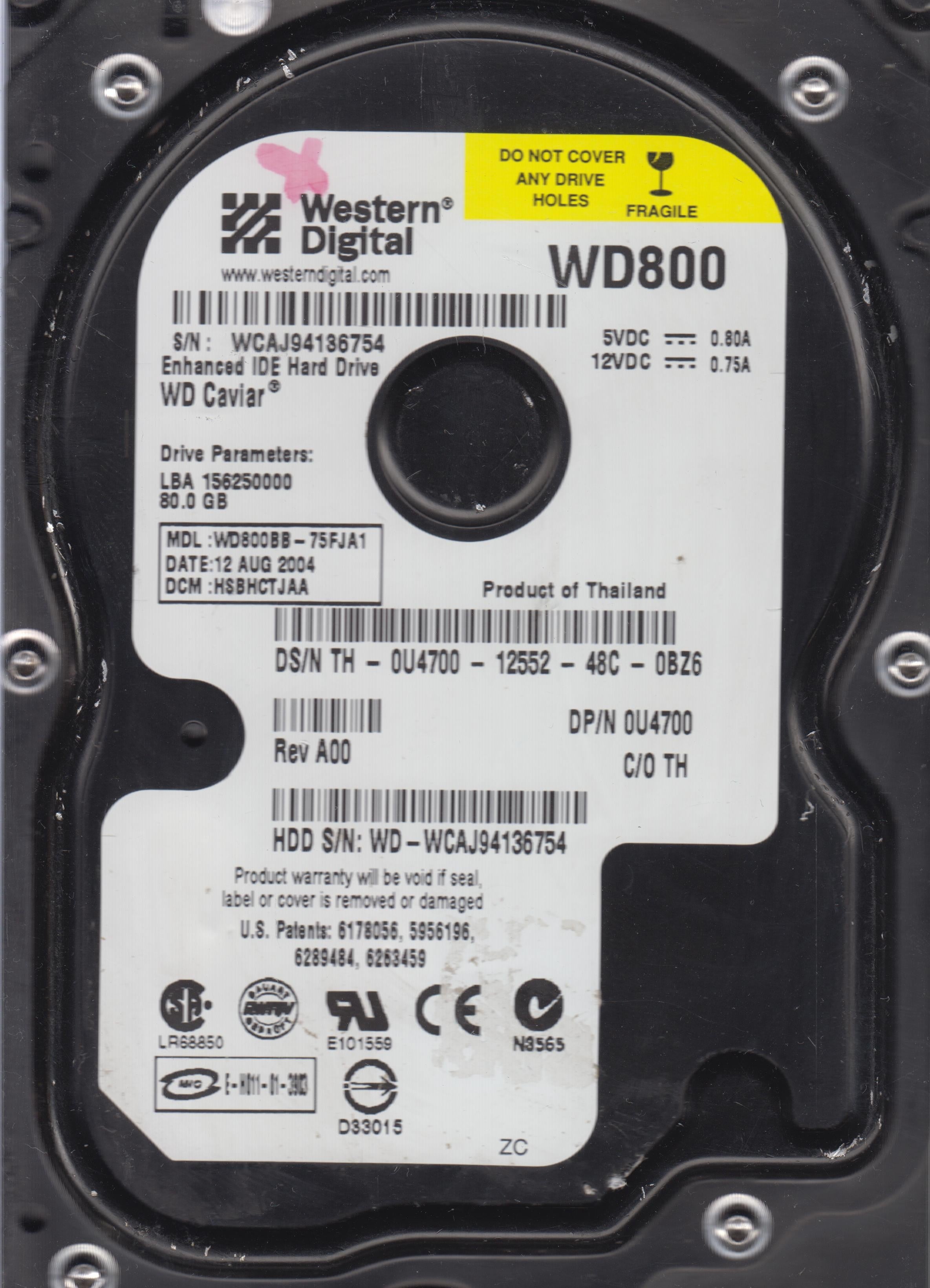 WD800BB-75FJA1, PCB: 2060-1130-012 REV A, Serial Number: WCAJ94136754, 80GB