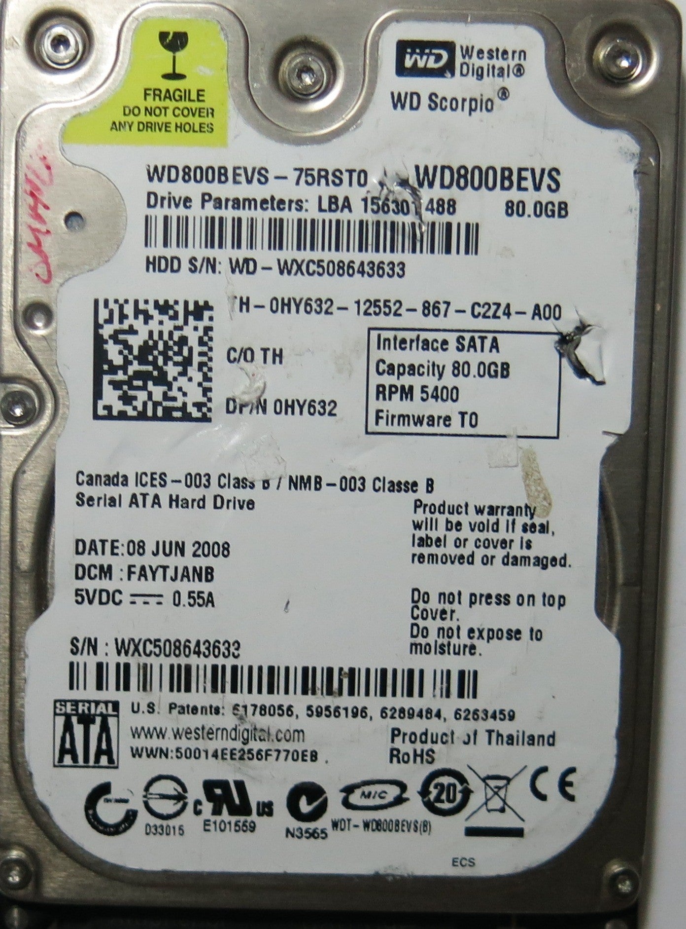 WD800BEVS-75RST0, PCB: 2060-701450-011 REV A, SERIAL: WXC508643633, DCM: FAYTJANB, FW FAYTJANB, 80,GB,