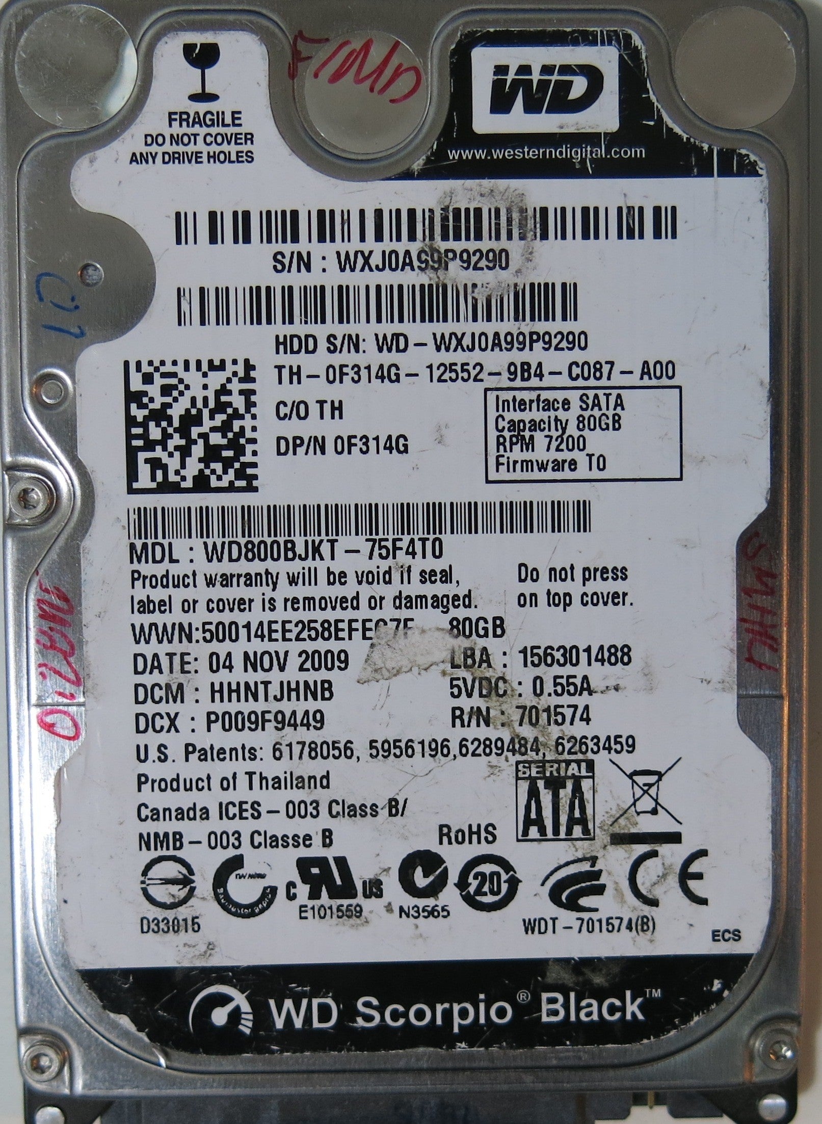 WD800BJKT-75F4T0 PCB 2060-701574-001 REV A,  80.GB