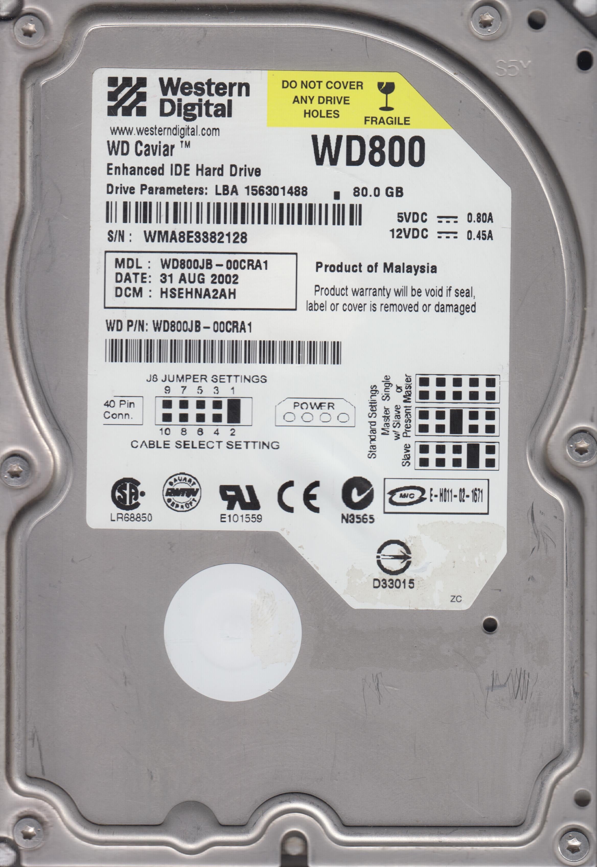 WD800JB-00CRA1 DCM HSEHNA2AH 80GB 3.5