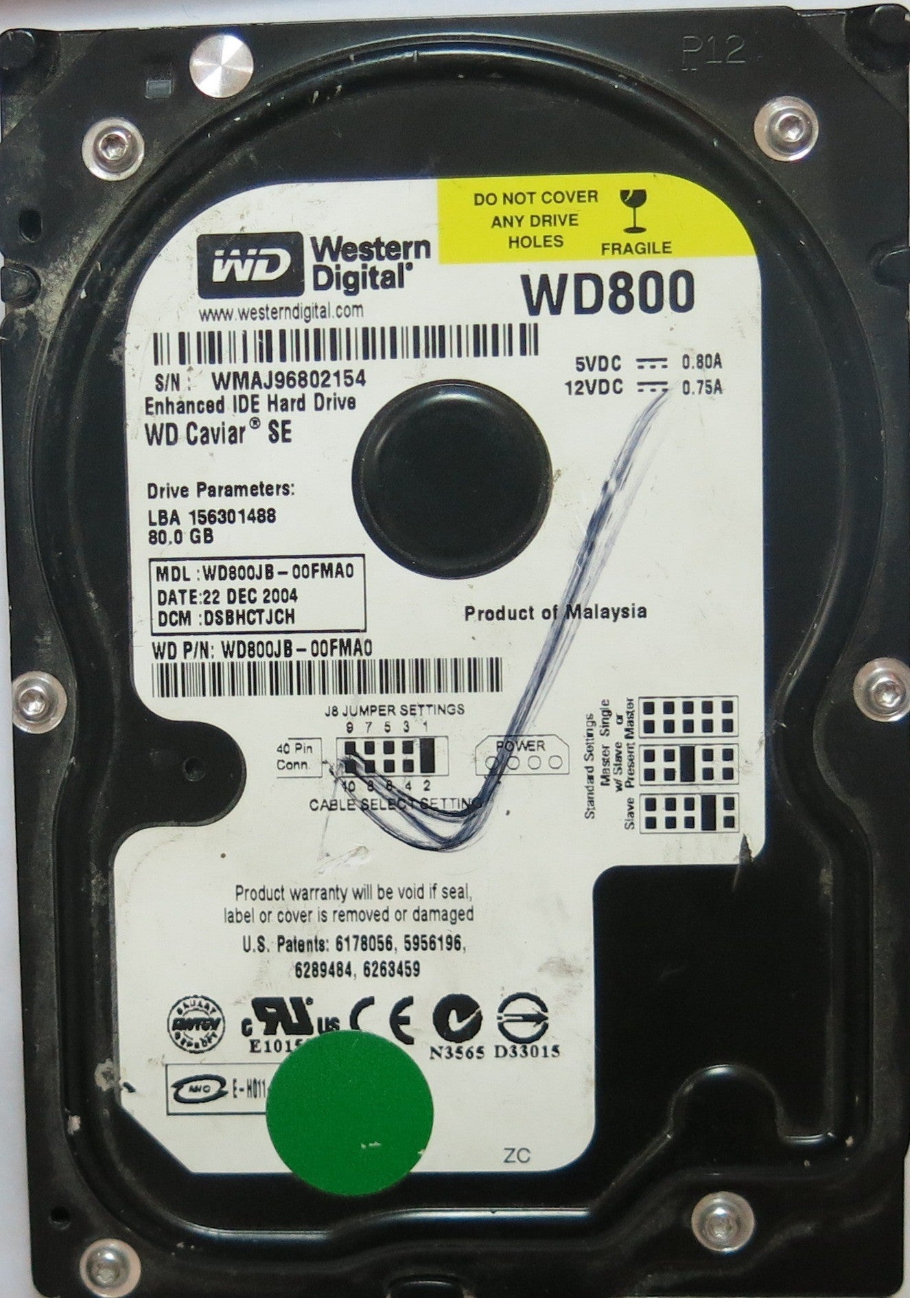 WD800JB-00FMAO PCB: 2060-001209-004 REV A SERIAL: WMAJ96802154 DCM: DSBHCTJCH FW DSBHCTJCH  80,GB