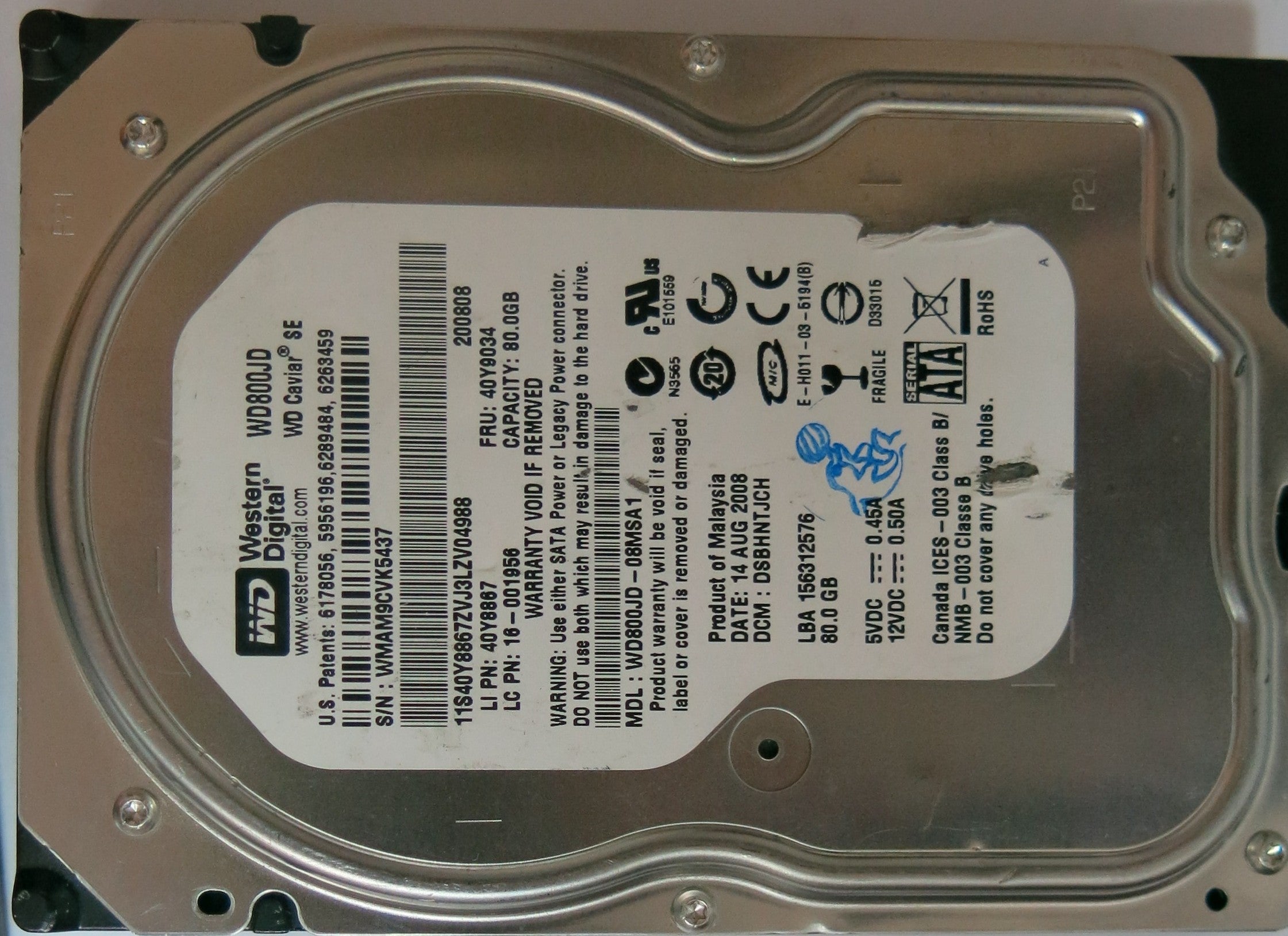 WD800JD'08MSA1 PCB: 2060-701335-006 REV A SERIAL 11S40Y8867ZVJ3LZV04988 DCM DSBHNTJCH FW DSBHNTJCH  80,GB