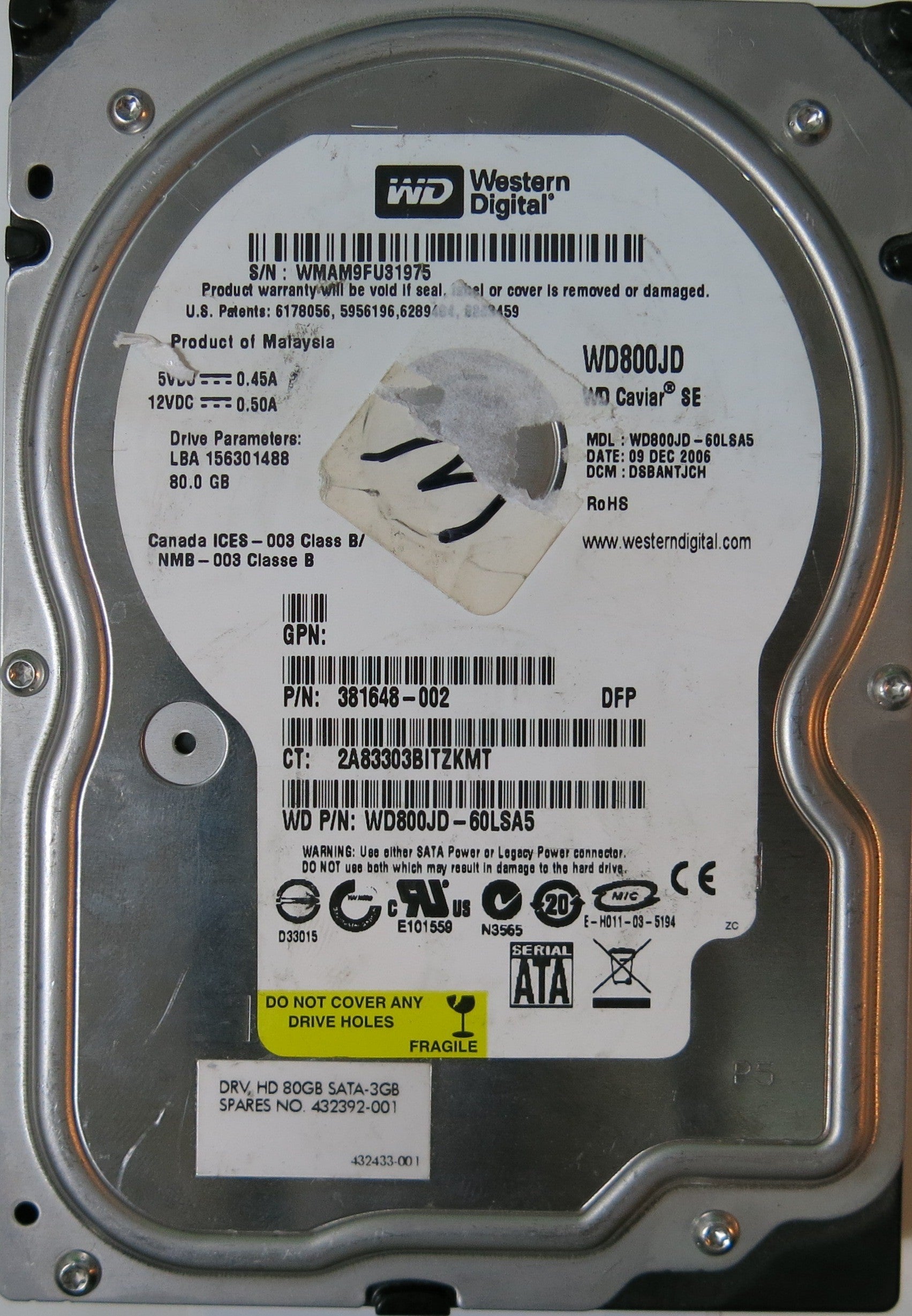 WD800JD-60LSA5 PCB: 2060-701335-005 REV A SERIAL NUMBER: WMAM9FU31975 80.GB PN:381648-002