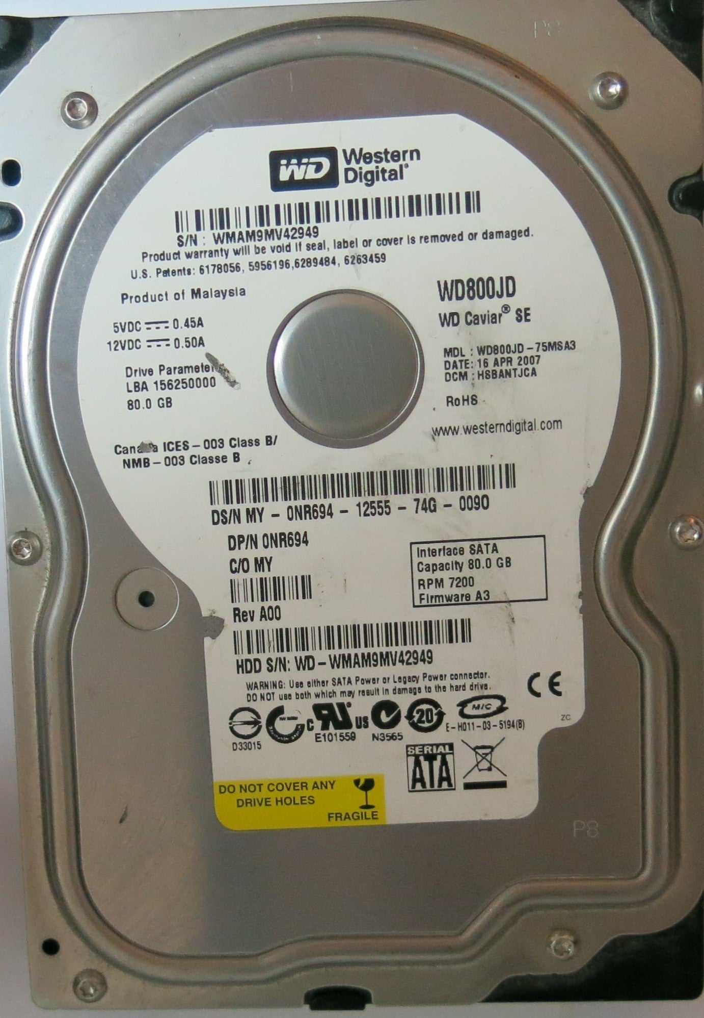 WD800JD-75MSA3 PCB: 2060-701335-005 REV A SERIAL WMAM9MV42949 DCM HSBANTJCA FW HSBANTJCA  80,GB