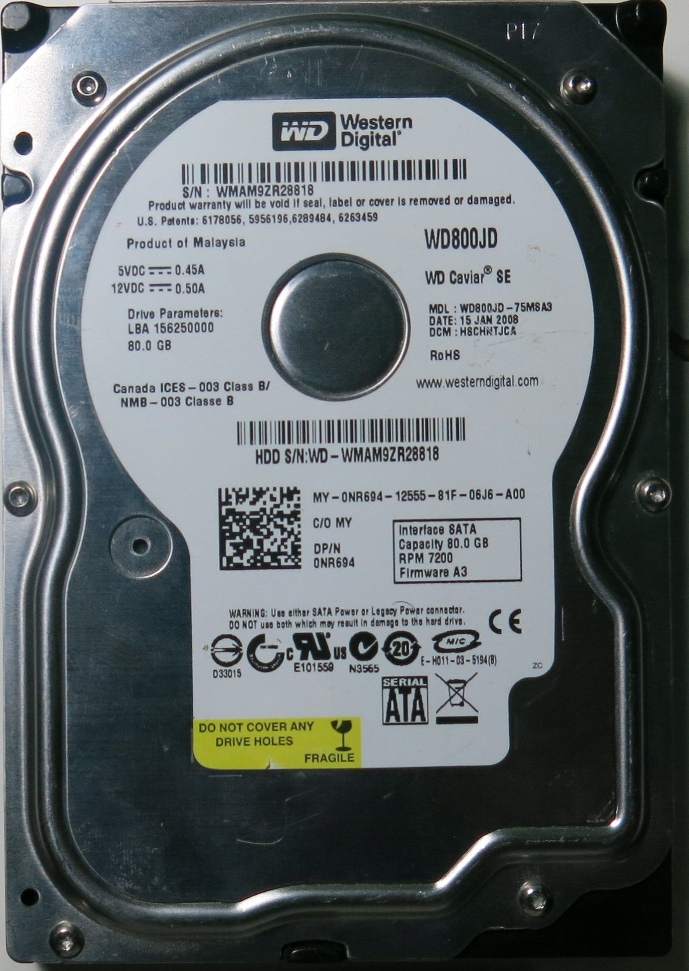 WD800JD-75MSA3 PCB: 2060-701335-005 SERIAL: WMAM9ZR28818 DCM HSCHNTJCA FW HSCHNTJCA 80.GB